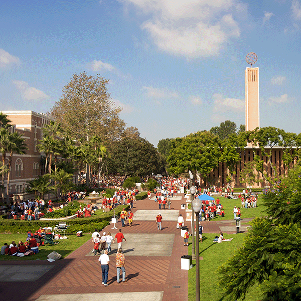 Overhead view of USC's campus during campus event