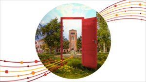 USC Report & Response . Picture of red door opening onto Bovard.